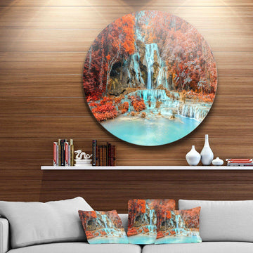 Rainforest Waterfall Loas - Landscape Photography Round Metal Wall Art
